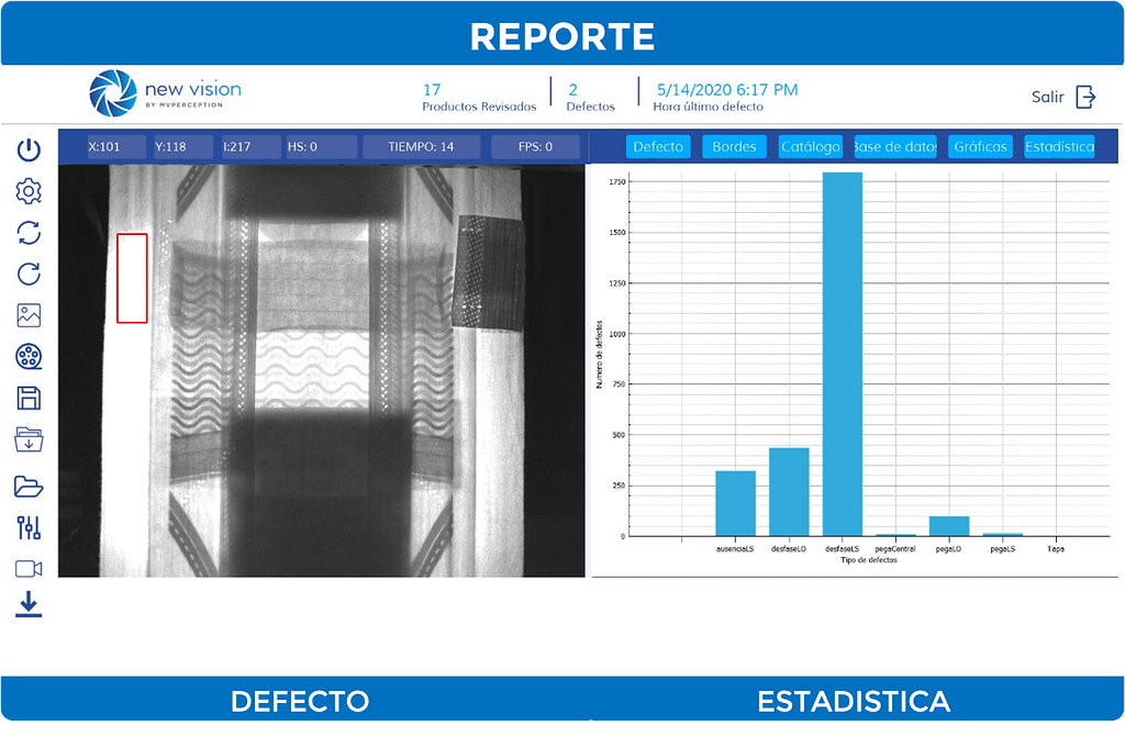 Dashboard de reportes de New Vision de MV Perception mostrando inspección industrial de alta velocidad con Deep Learning. Se observa una gráfica estadística de defectos por categoría y una imagen de visión artificial que detecta un error en una banda transportadora en tiempo real.